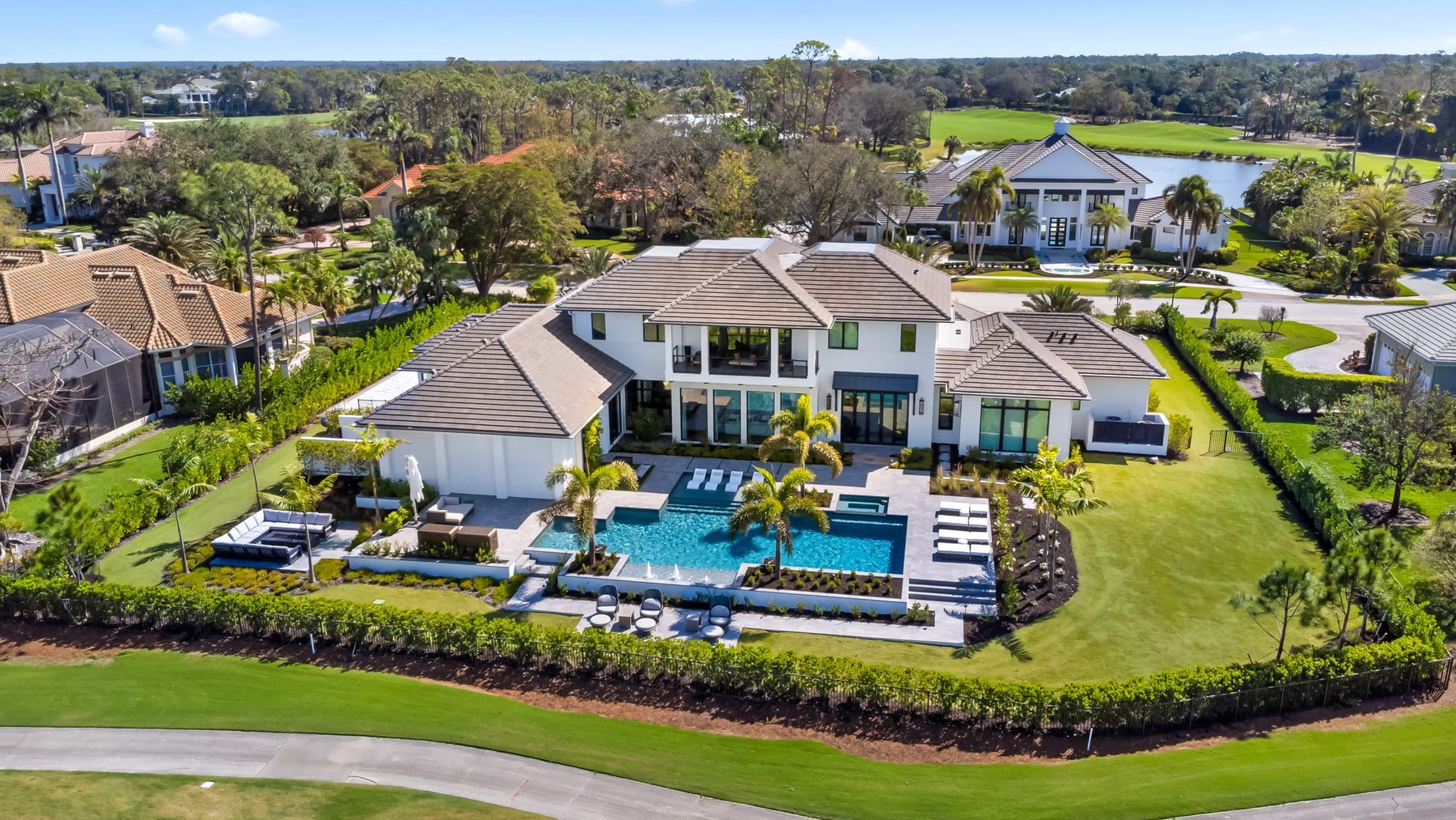 Aerial of a luxury estate with pool