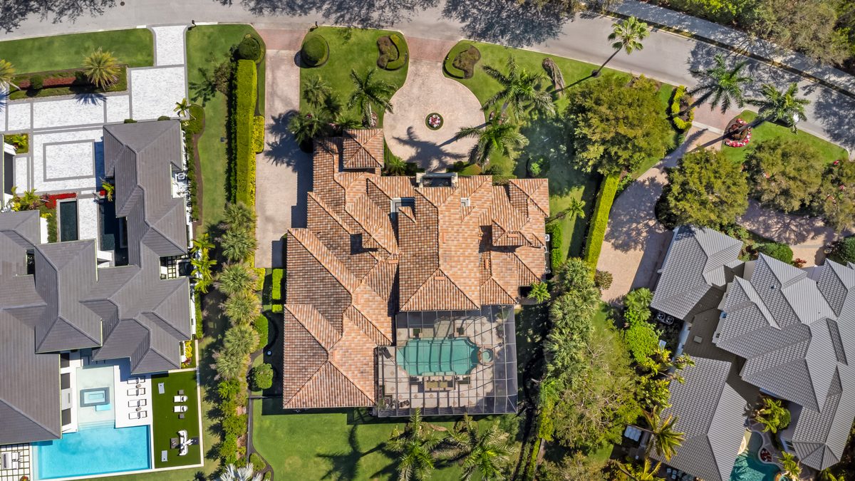 Top-down aerial of a Mediterranean home